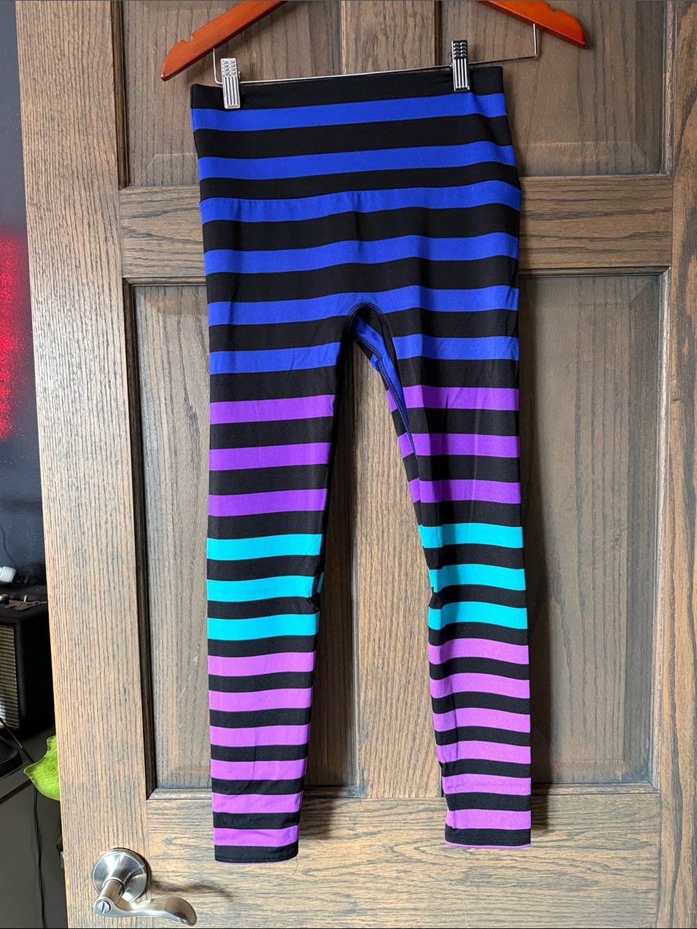 K-DEER Black Leggings with Blue, Purple & Teal Stripes